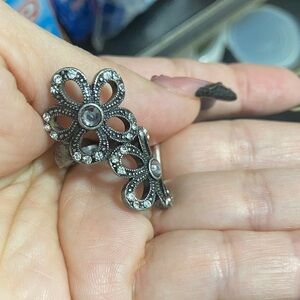 Floral Silver Ring with Crystal Accents